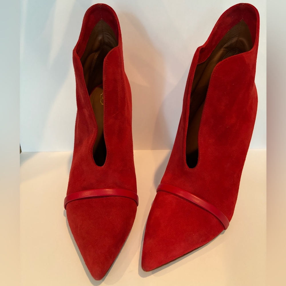 Red suede Malone booties.  Perfect accessory for fall and party season.